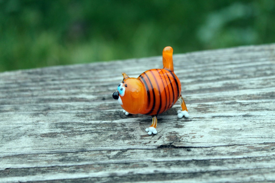 Funny Orange Glass Cat Figurine – Striped Murano Style Miniature