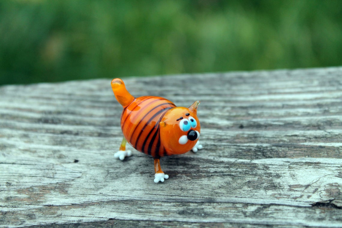 Funny Orange Glass Cat Figurine – Striped Murano Style Miniature