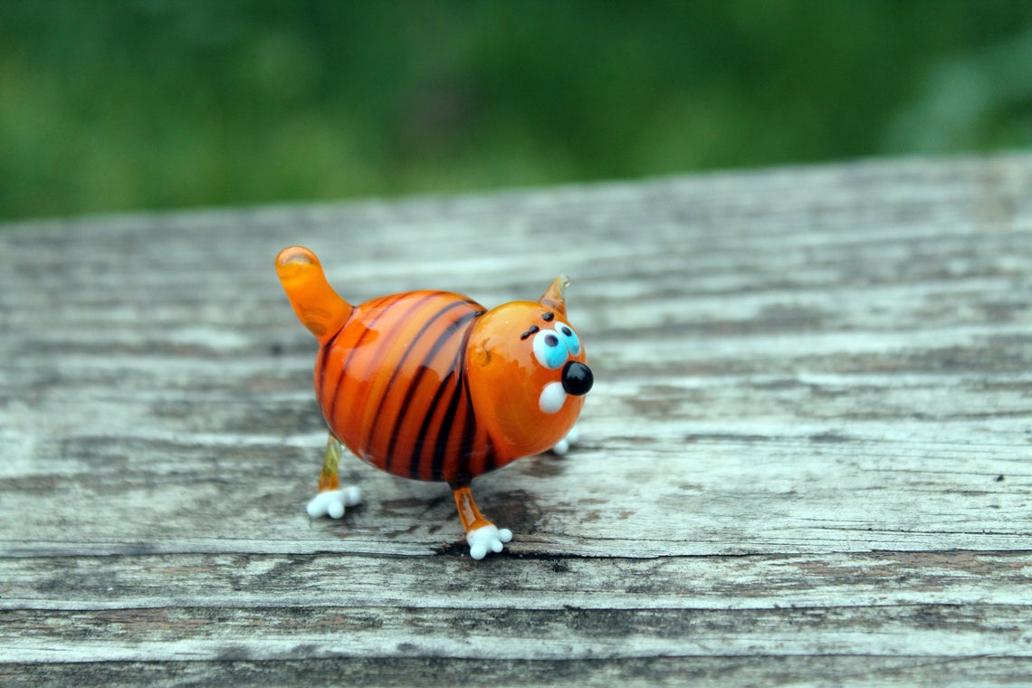 Funny Orange Glass Cat Figurine – Striped Murano Style Miniature