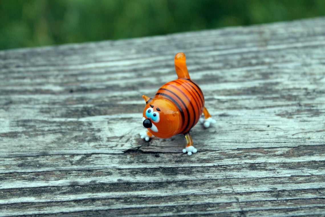 Funny Orange Glass Cat Figurine – Striped Murano Style Miniature