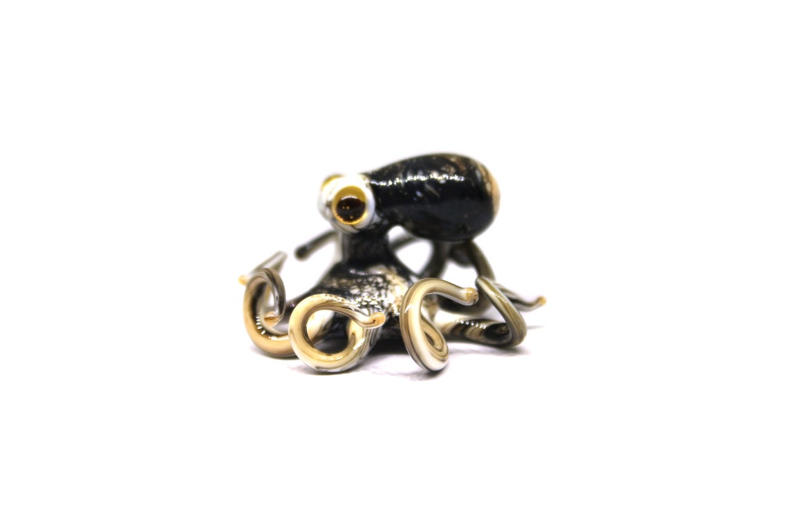 Black-Gold Handmade Black Glass Octopus Figurine Miniature Art Gift