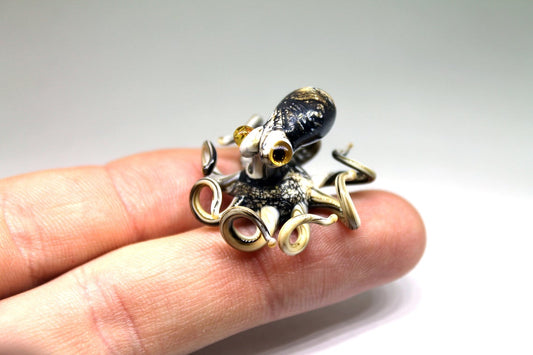 Black-Gold Handmade Black Glass Octopus Figurine Miniature Art Gift