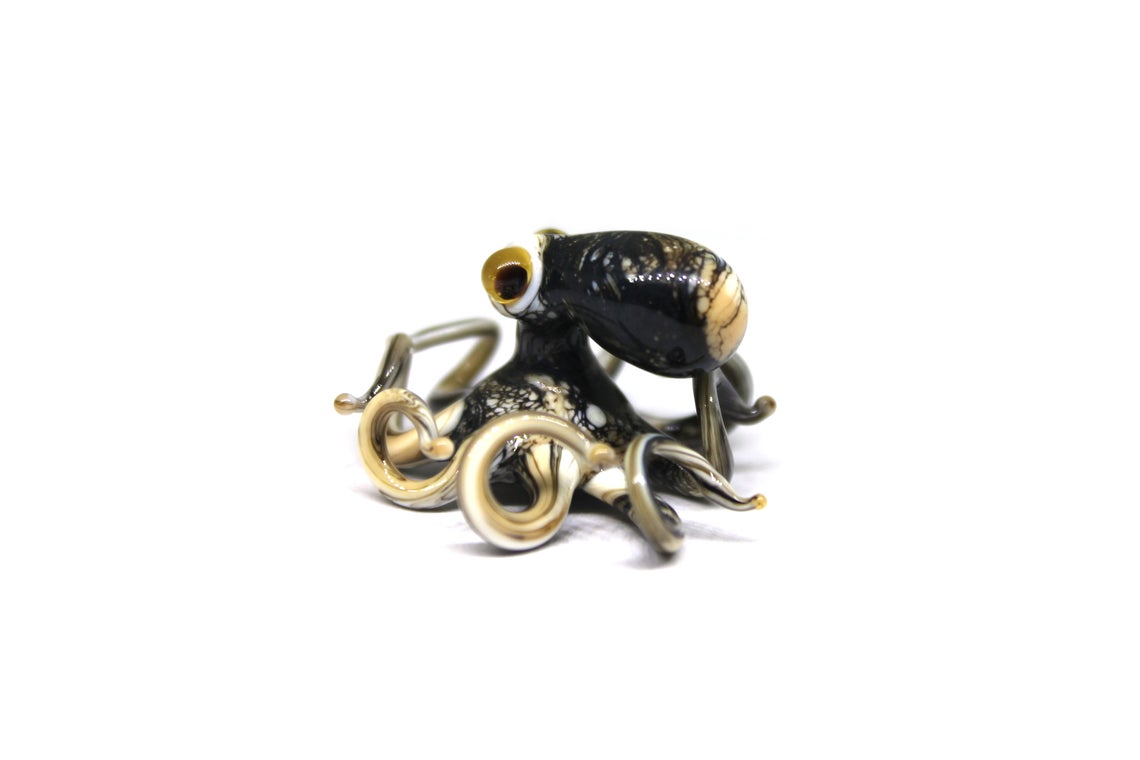 Black-Gold Handmade Black Glass Octopus Figurine Miniature Art Gift