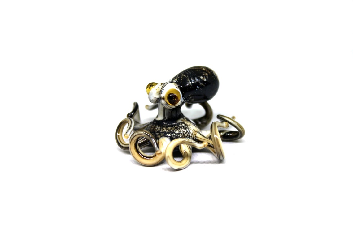 Black-Gold Handmade Black Glass Octopus Figurine Miniature Art Gift