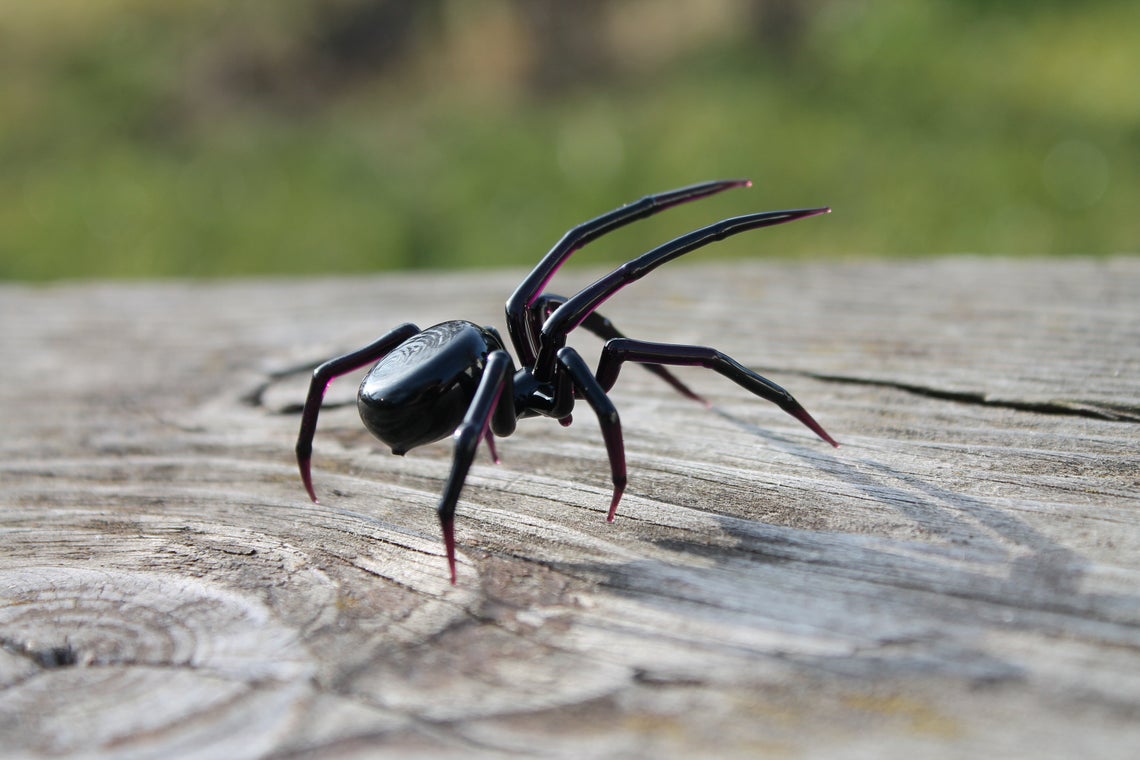 Black Glass Spider Figurine With Magenta Legs – 2.3 Inches Wide Art