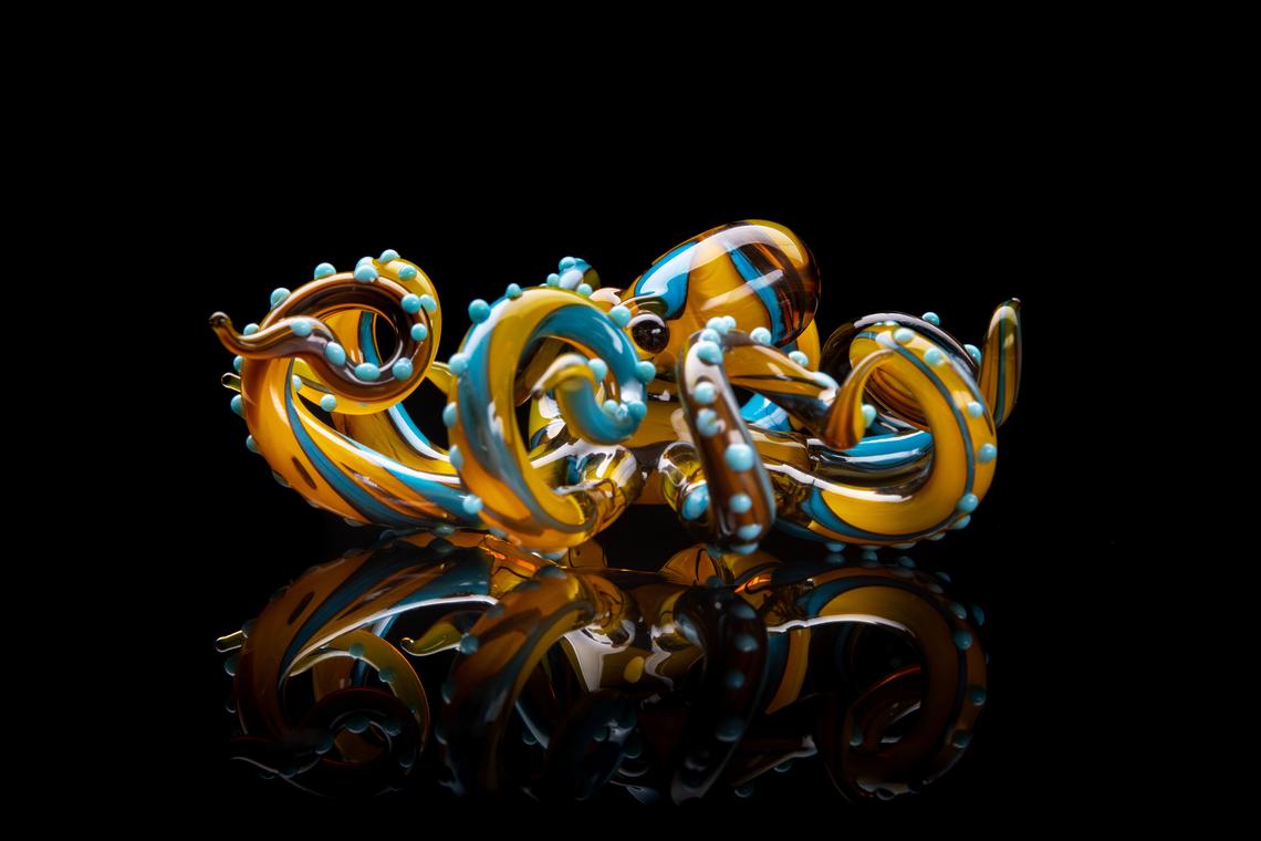 Handmade Yellow And Blue Glass Octopus Figurine Miniature 4.5cm