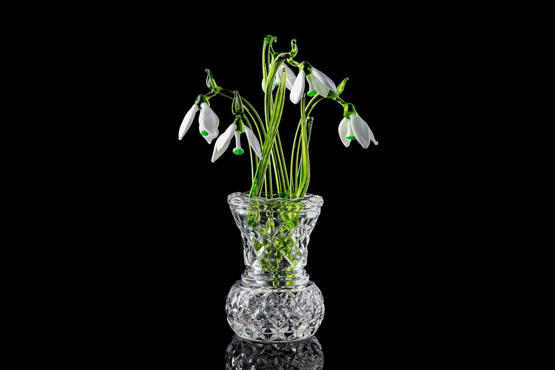 Flower Snowdrop set of three glass snowdrops and crystal vase mothers day gift Glass Flower Snowdrop birth flower
