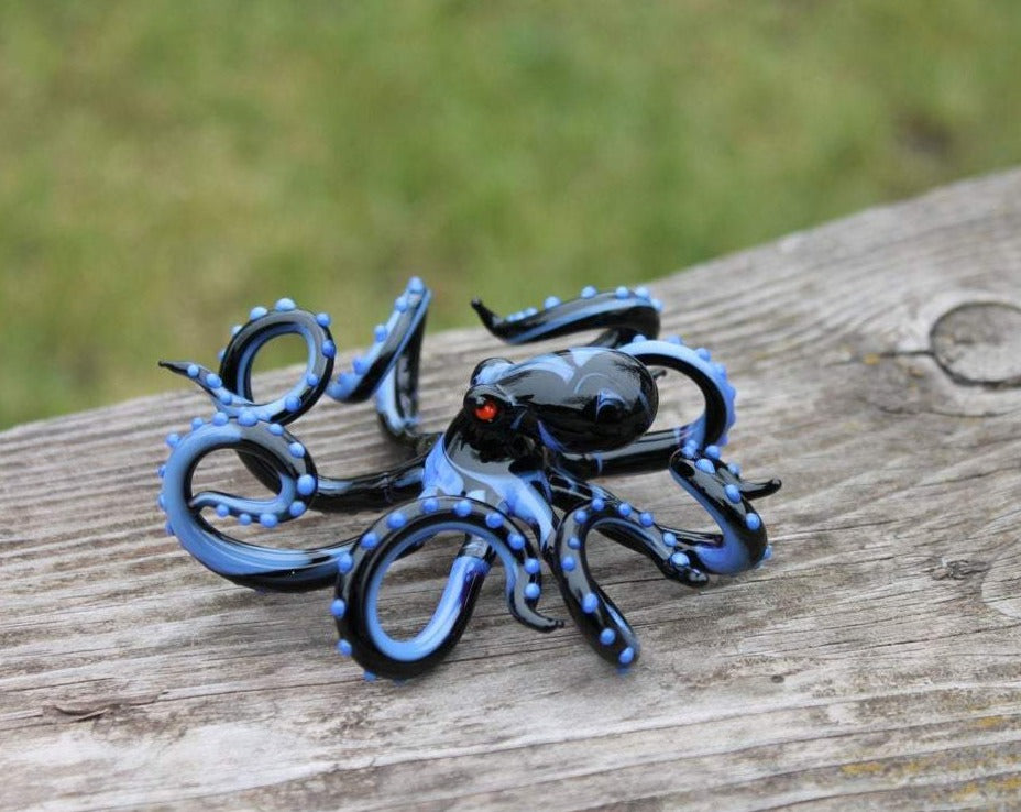 Deep Blue Black Blown Glass Octopus Sculpture