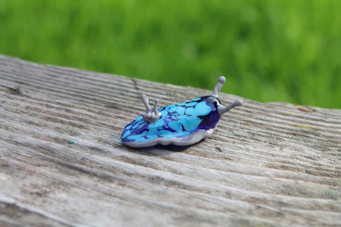 Aqua And Gray Glass Sea Slug Sculpture – Lampwork Ocean Miniature