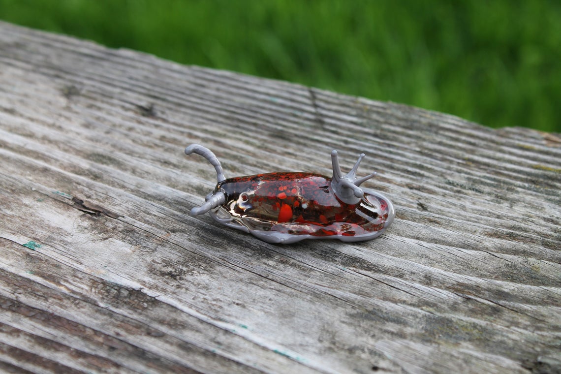 Red And Gray Glass Sea Slug Figurine – Handmade Ocean Art