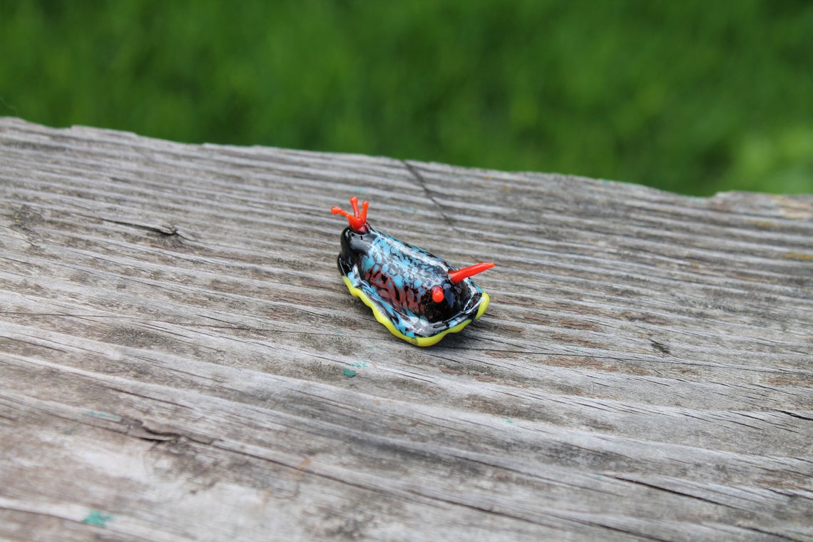 Colorful Glass Sea Slug Figurine With Red Antennae – Lampwork Art