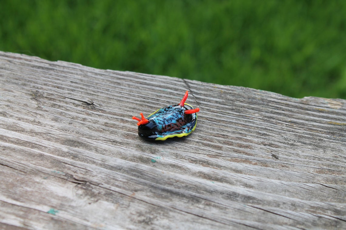 Colorful Glass Sea Slug Figurine With Red Antennae – Lampwork Art