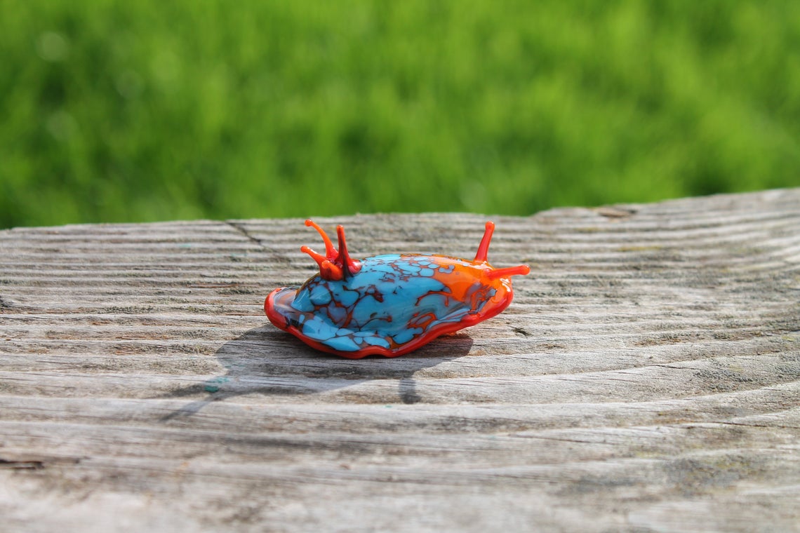 Bright Turquoise And Orange Glass Sea Slug Figure