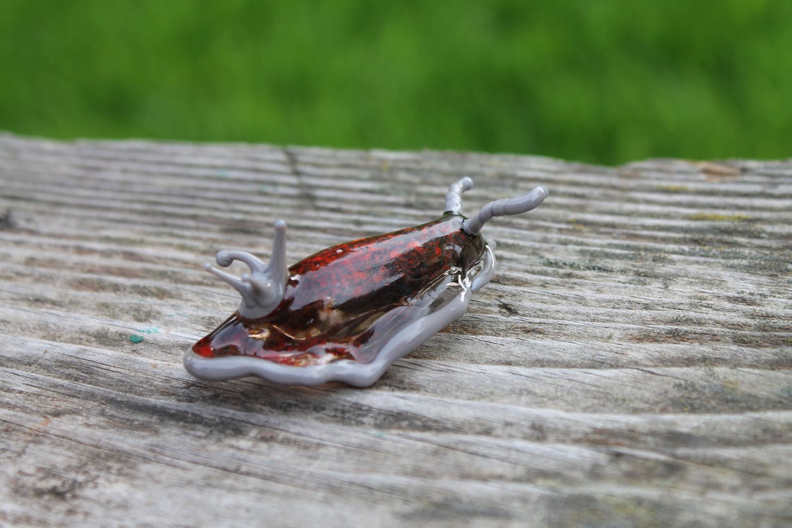 Red And Gray Glass Sea Slug Figurine – Handmade Ocean Art