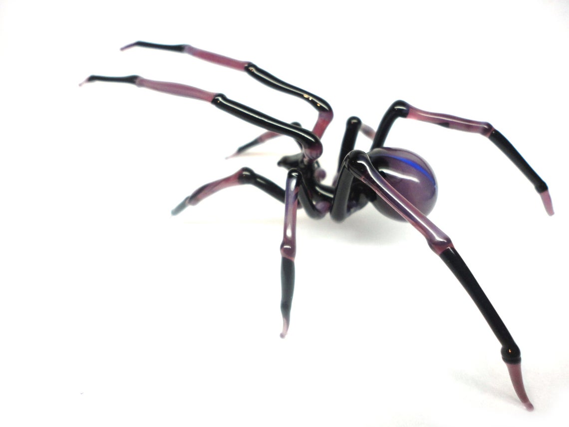 Purple And Black Lampwork Glass Spider With Blue Glow Finish