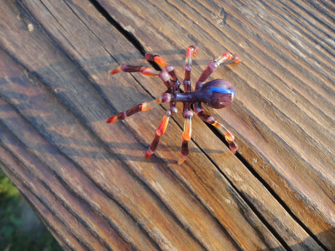 Violet Orange Lampwork Glass Spider – Realistic Handmade Sculpture