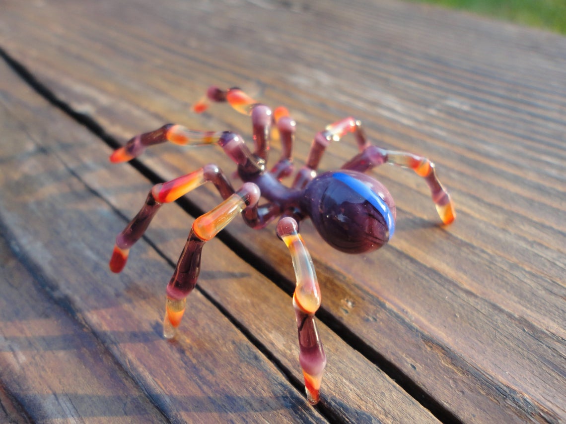 Violet Orange Lampwork Glass Spider – Realistic Handmade Sculpture