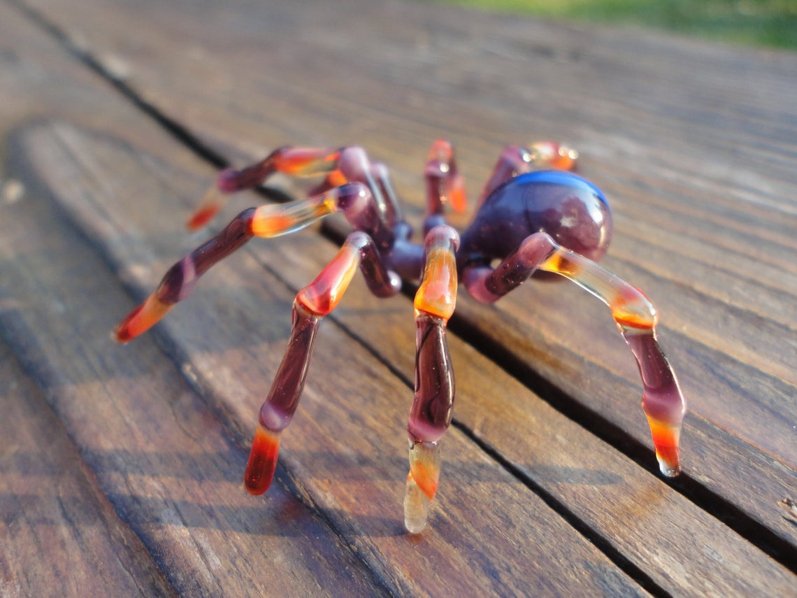 Violet Orange Lampwork Glass Spider – Realistic Handmade Sculpture