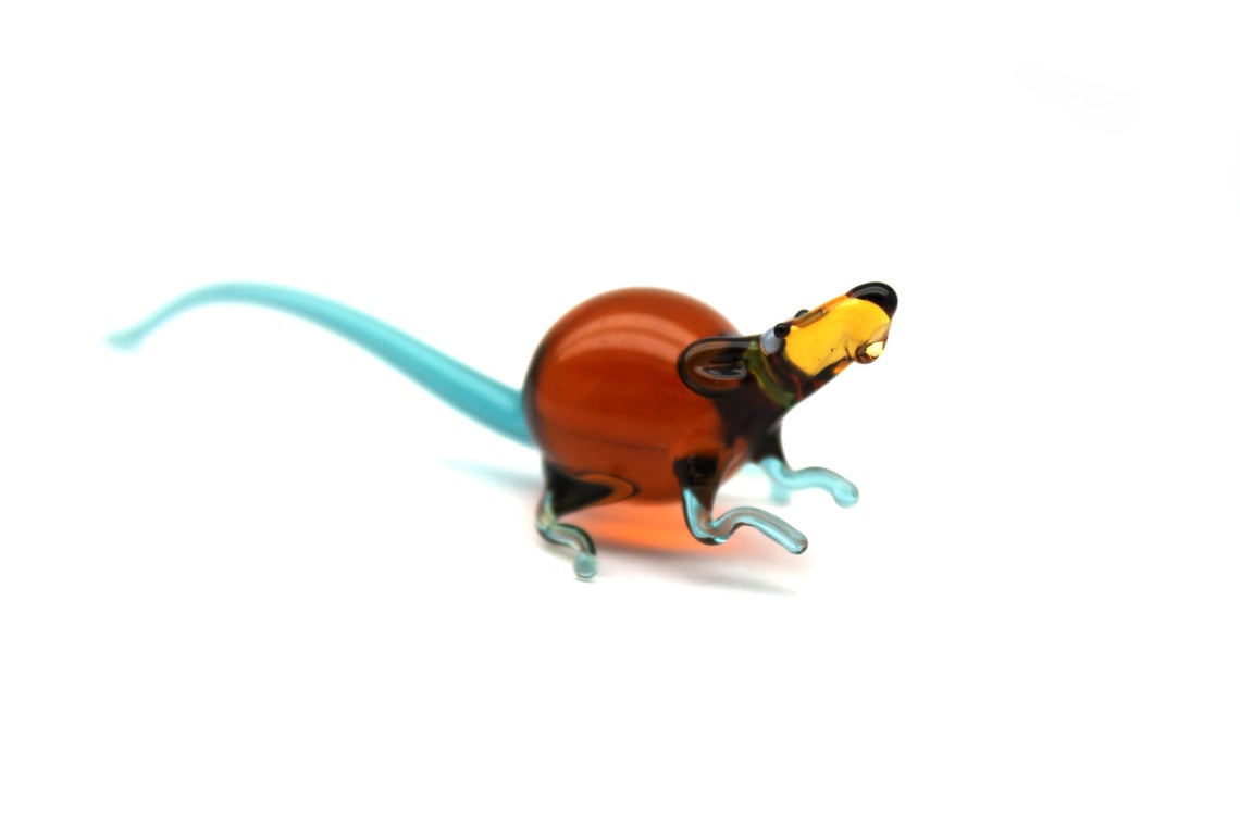 Brown And Teal Glass Rat Figurine – Playful Handmade Murano Art