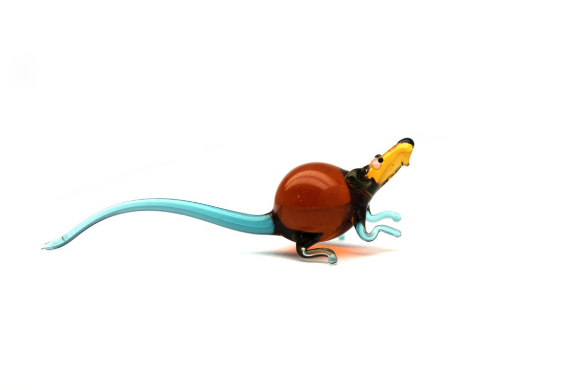 Brown And Teal Glass Rat Figurine – Playful Handmade Murano Art