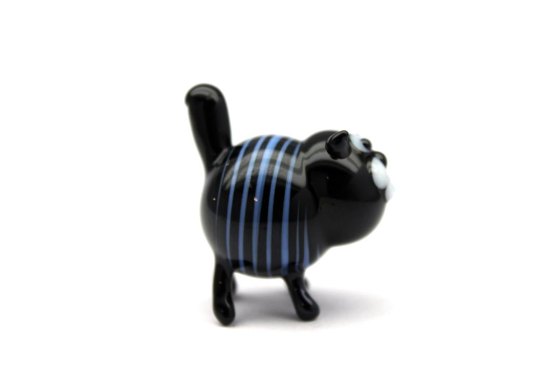 Mini Black Cat Figurine With Blue Stripes — Murano Glass Artwork