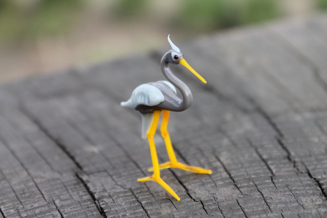 Miniature Gray Glass Heron Figurine - Hand Blown Murano Bird 5cm