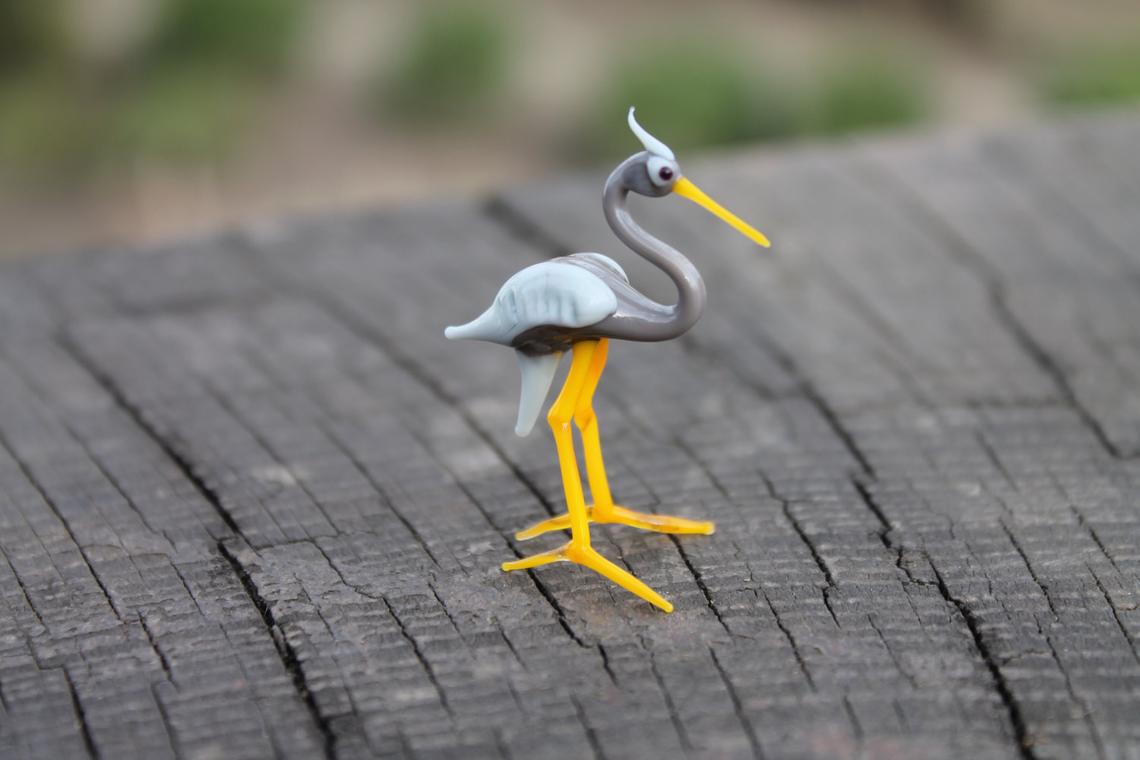 Miniature Gray Glass Heron Figurine - Hand Blown Murano Bird 5cm