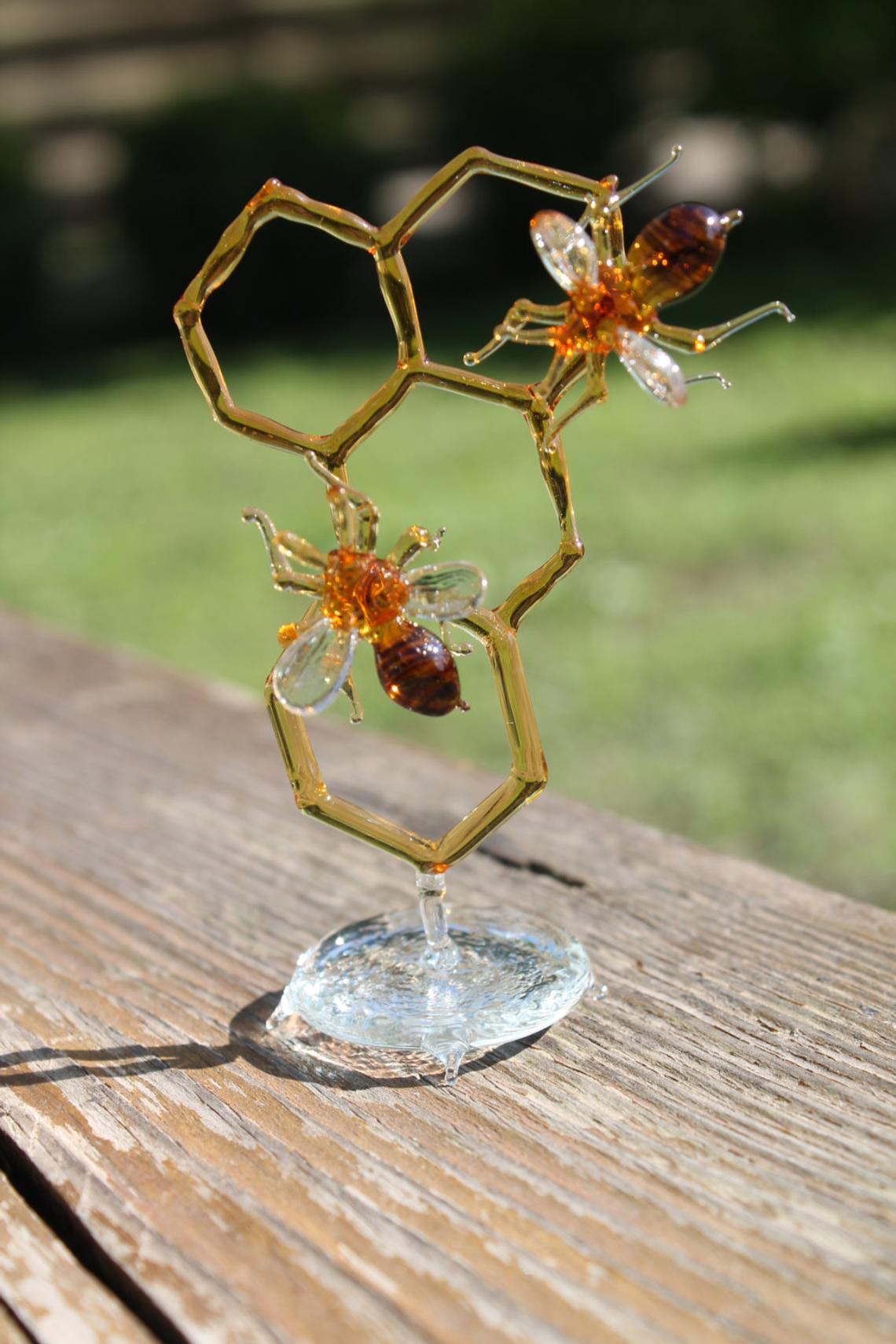 Glass Honeycomb and Bee Collectible Figurine Glass Bee Blown Glass honeybee Honeybee and Honey comb