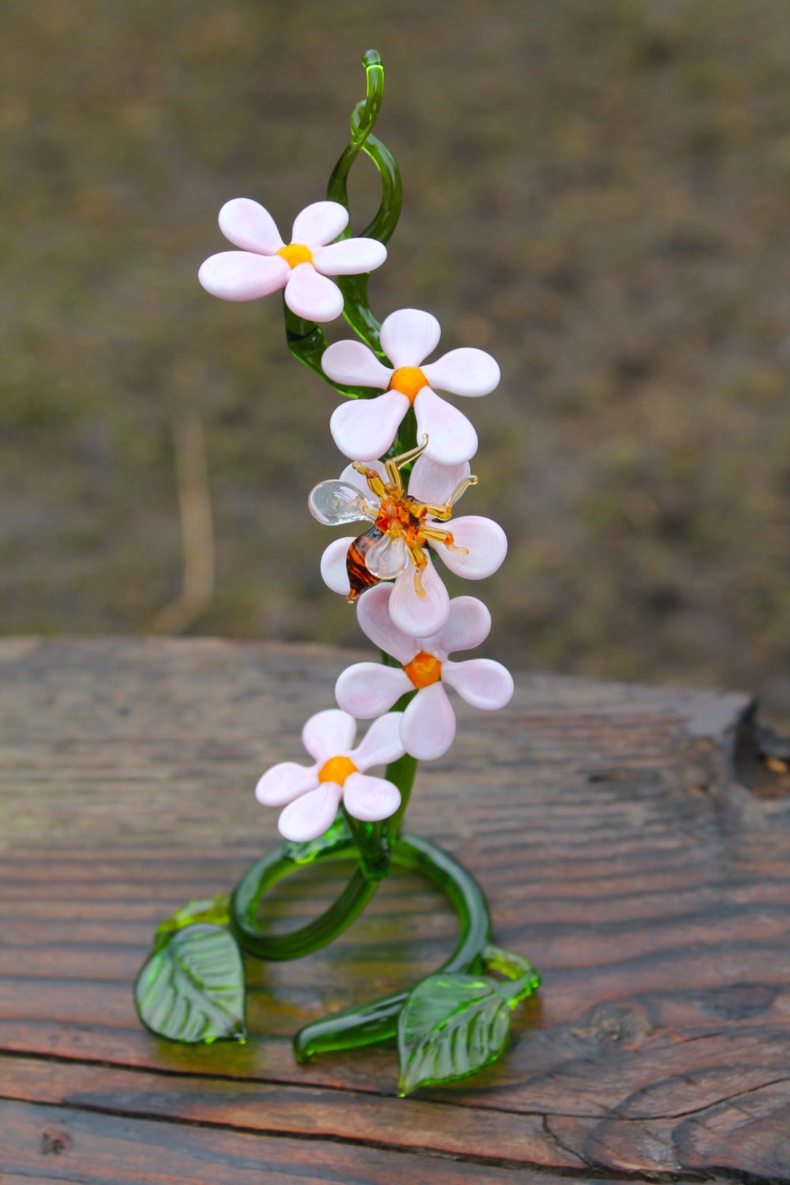 Bees And Flowers Hand Blown Glass Lampwork Collectible Miniature Figurine