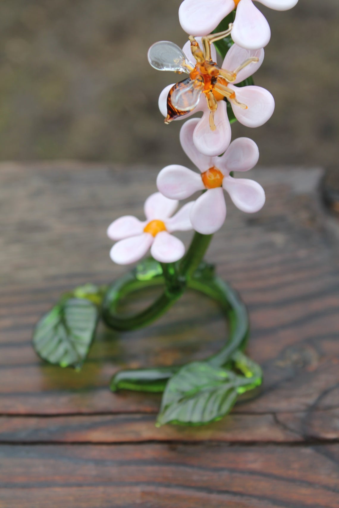 Bees And Flowers Hand Blown Glass Lampwork Collectible Miniature Figurine