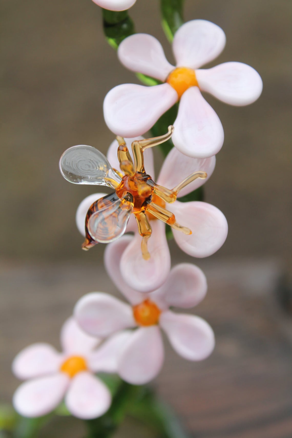 Bees And Flowers Hand Blown Glass Lampwork Collectible Miniature Figurine