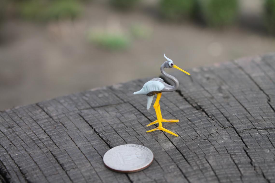 Miniature Gray Glass Heron Figurine - Hand Blown Murano Bird 5cm