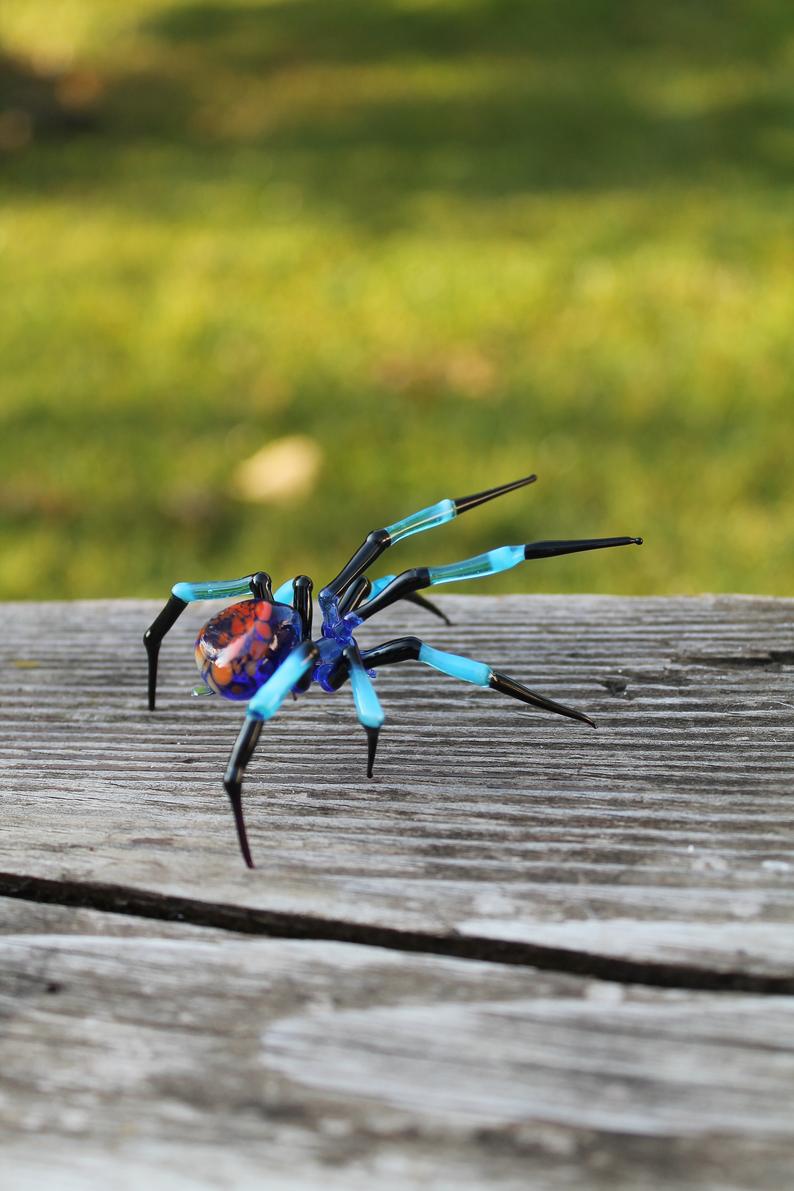 Blue And Black Spider Figurine With Orange Back – Glass Decor Piece