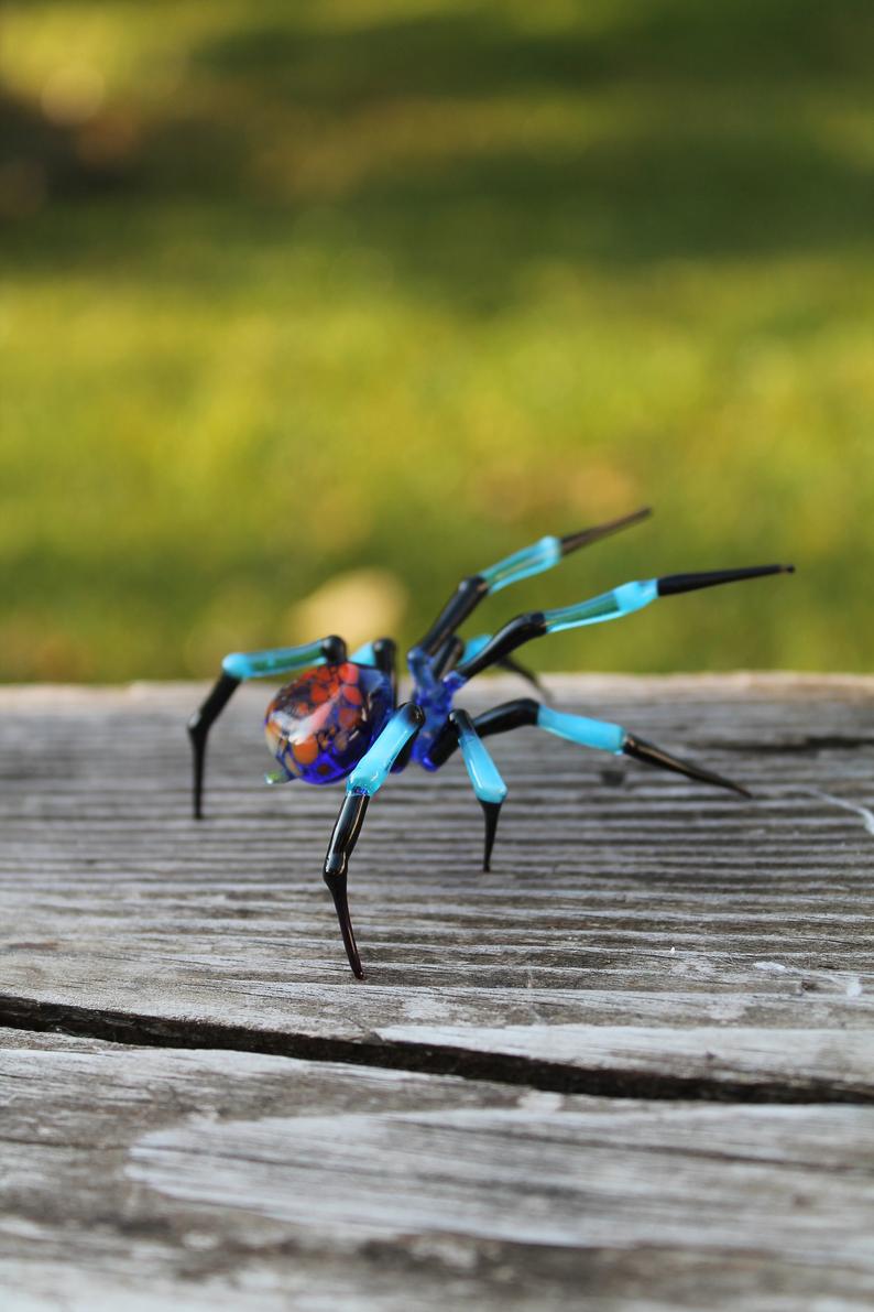 Blue And Black Spider Figurine With Orange Back – Glass Decor Piece