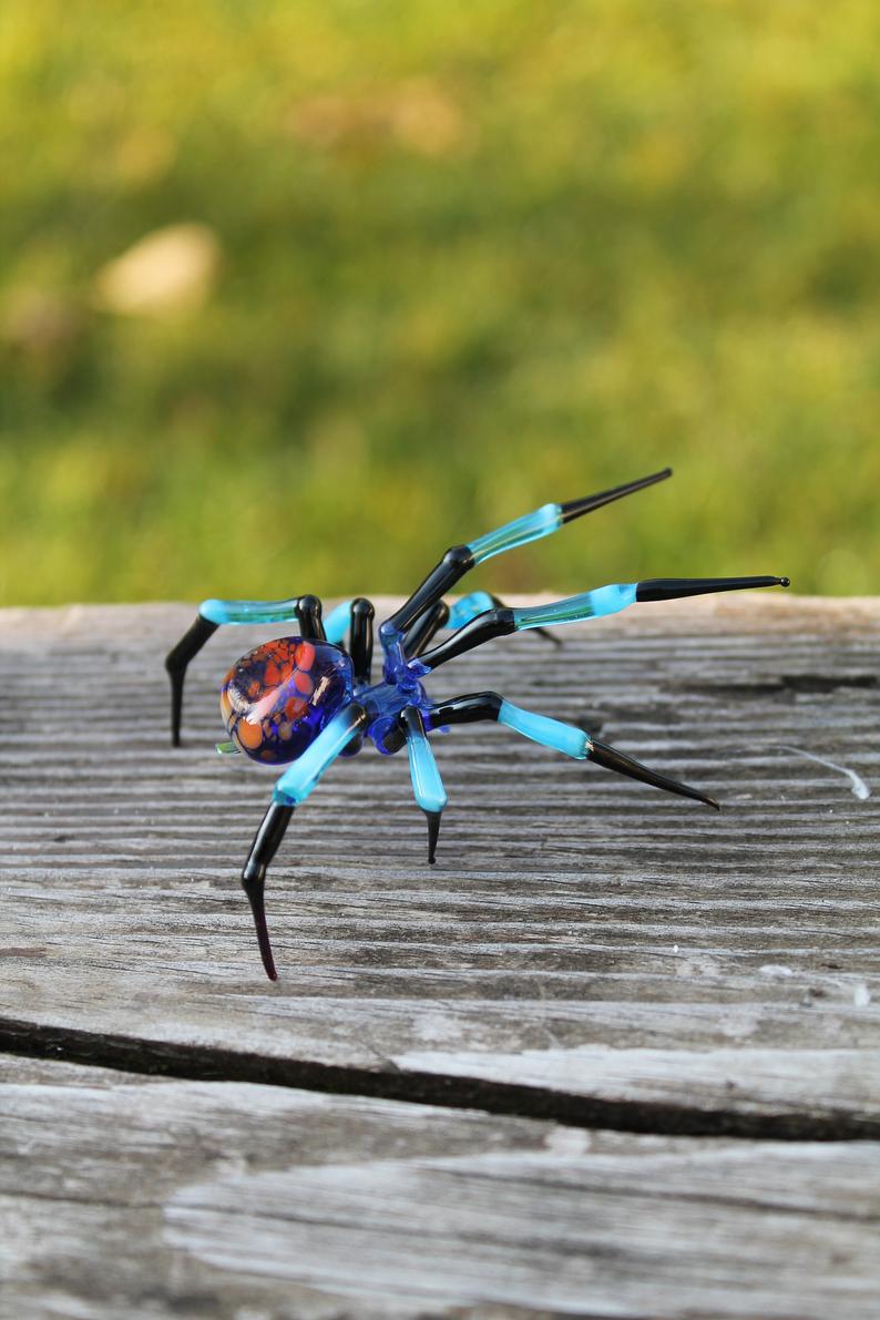 Blue And Black Spider Figurine With Orange Back – Glass Decor Piece