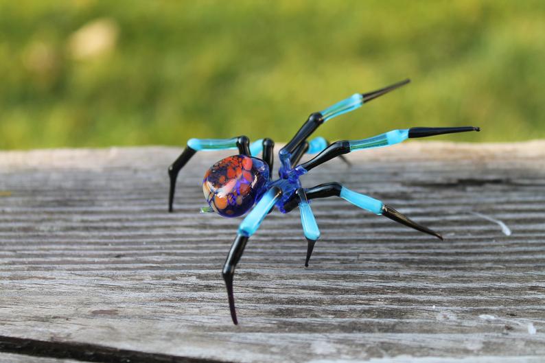 Blue And Black Spider Figurine With Orange Back – Glass Decor Piece