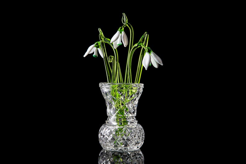 Flower Snowdrop set of three glass snowdrops and crystal vase mothers day gift Glass Flower Snowdrop birth flower