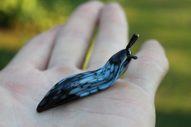 Blue Black Patterned Glass Slug Figurine - 2 Inch Lampwork Art