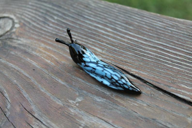 Blue Black Patterned Glass Slug Figurine - 2 Inch Lampwork Art