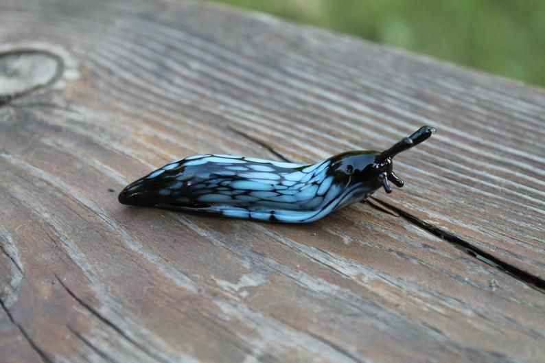 Blue Black Patterned Glass Slug Figurine - 2 Inch Lampwork Art