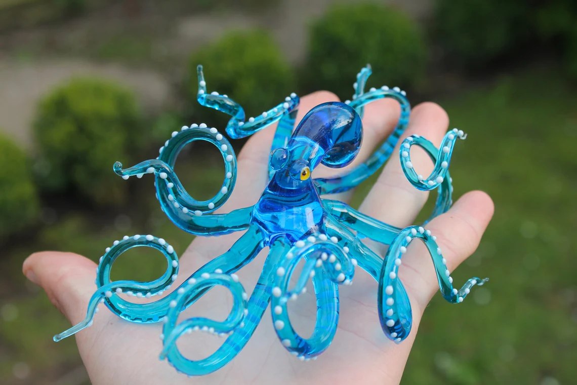 Sky Blue Blown Glass Octopus Handmade Octopus Figurine