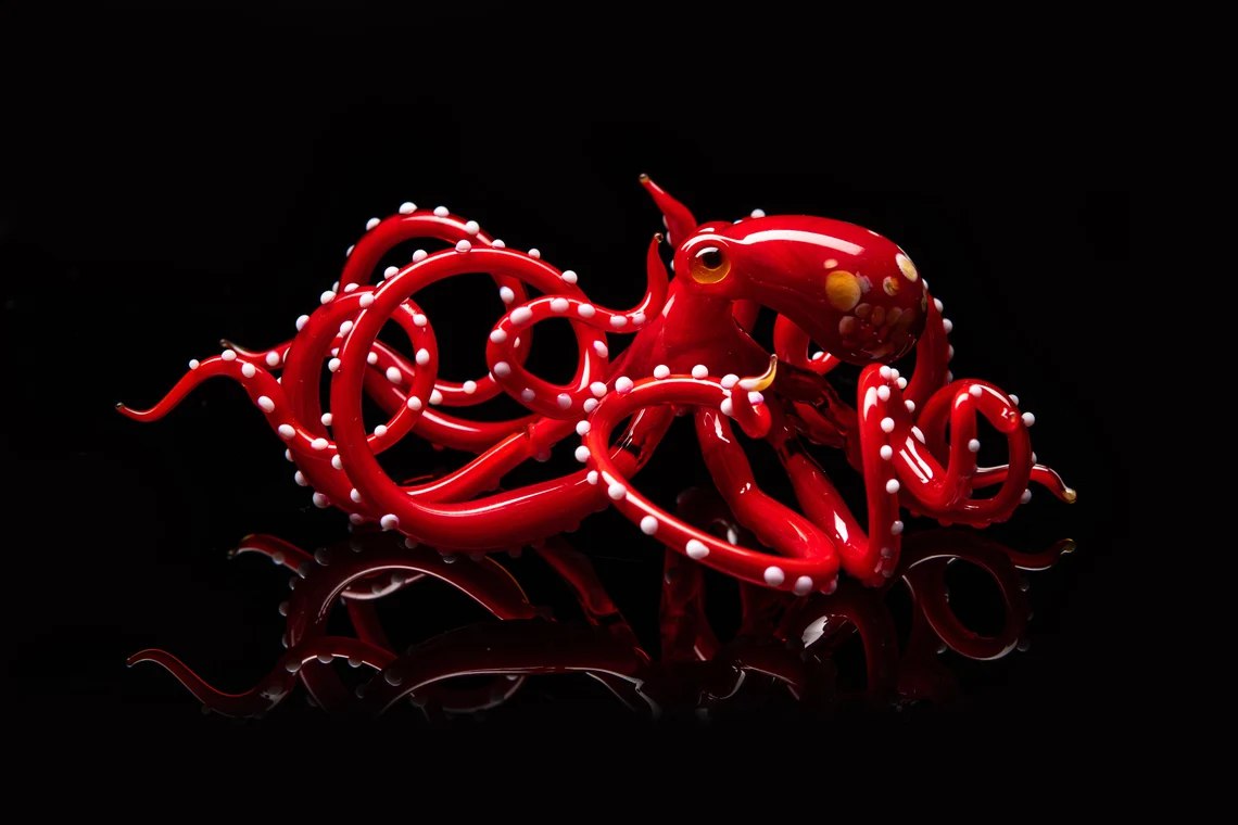 Red Blown Glass Octopus Ocean Octopus Sculpture Cephalopod Blown Glass