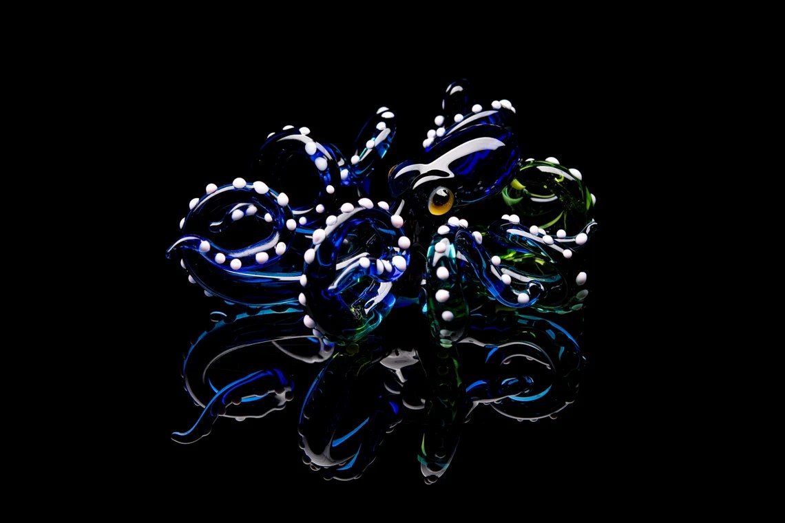 Marine Art Handmade Blue Green Blown Glass Octopus