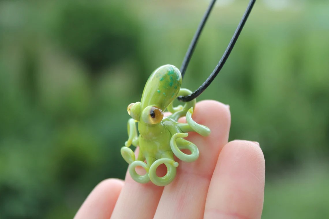 Green Blown Glass Octopus Figurine Handmade Miniature Sea Creature