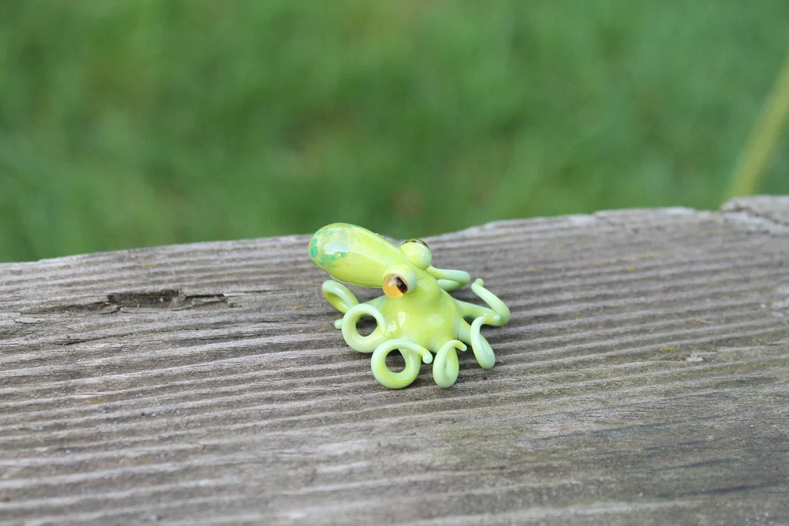 Green Blown Glass Octopus Figurine Handmade Miniature Sea Creature