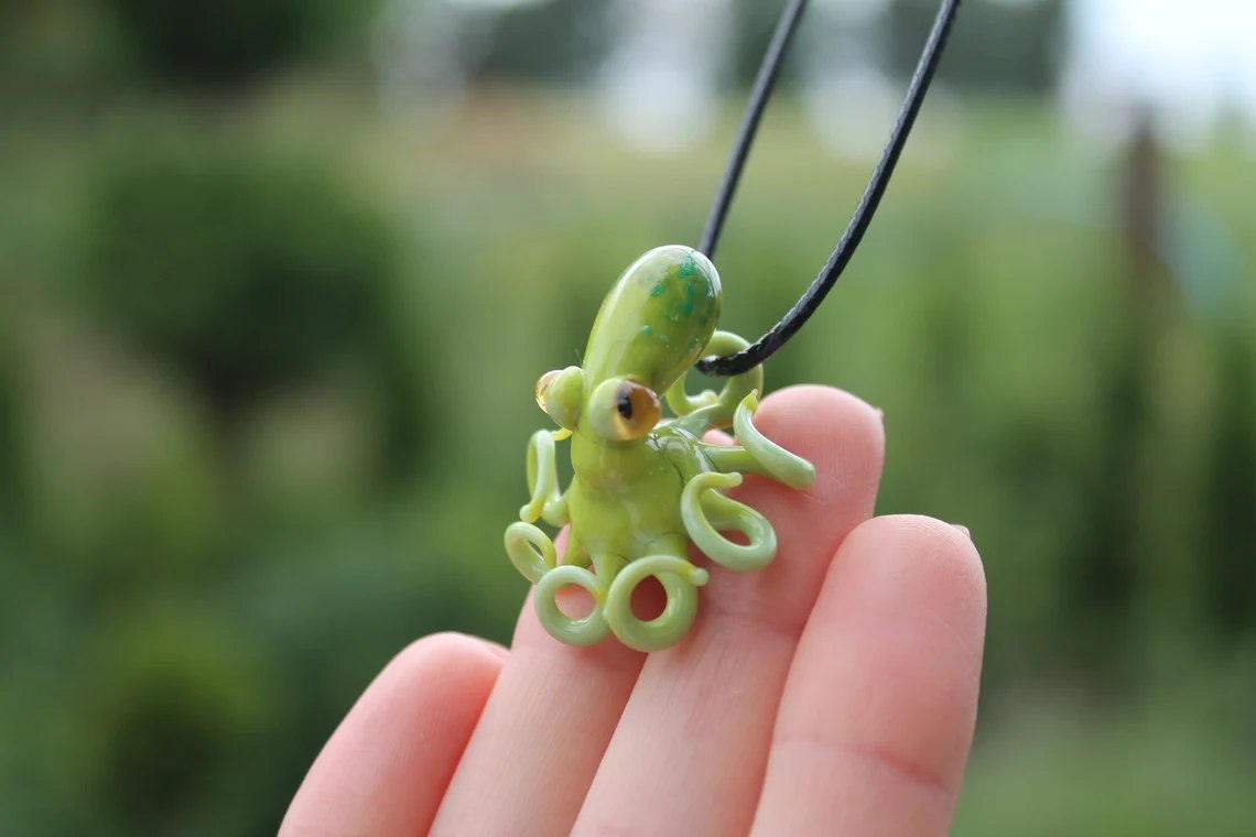 Green Blown Glass Octopus Figurine Handmade Miniature Sea Creature