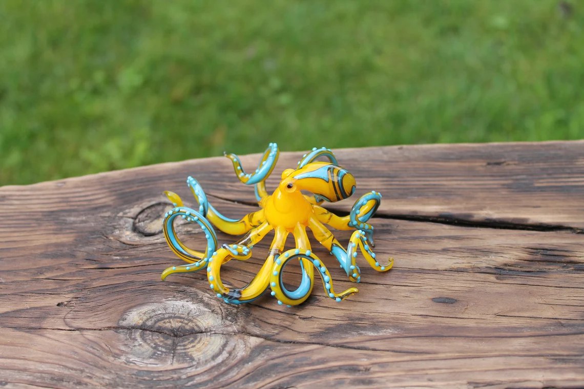 Blue Yellow Blown Glass Octopus, Glass Octopus, Glass, Octopus, Ocean, Octopus Sculpture, Squid, Kraken, Sea, Cephalopod, Blown Glass, Octopus Figurine