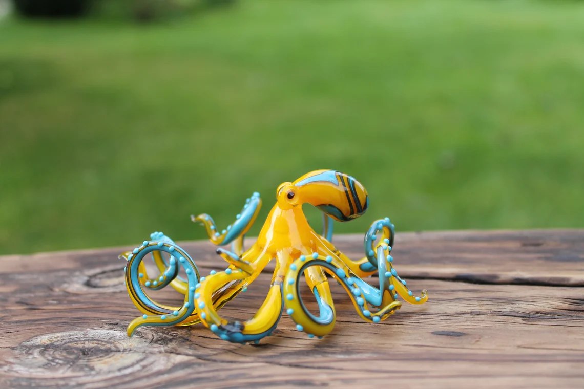 Blue Yellow Blown Glass Octopus, Glass Octopus, Glass, Octopus, Ocean, Octopus Sculpture, Squid, Kraken, Sea, Cephalopod, Blown Glass, Octopus Figurine