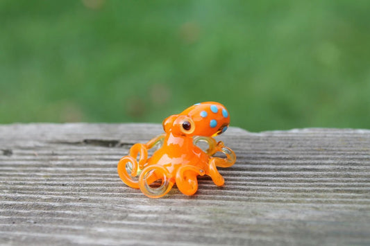 Handmade Orange Glass Octopus Figurine With Blue Dots, Miniature Art