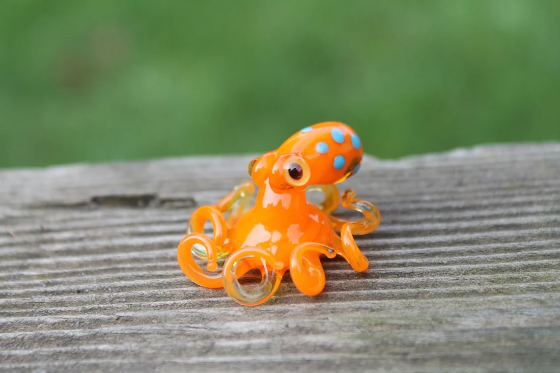 Handmade Orange Glass Octopus Figurine With Blue Dots, Miniature Art